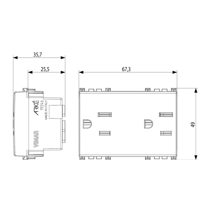 Contacto Dúplex 2P+T 15A 127V acabado Negro Mate - Blanco Mate - Metal Mate para Arké de Vimar