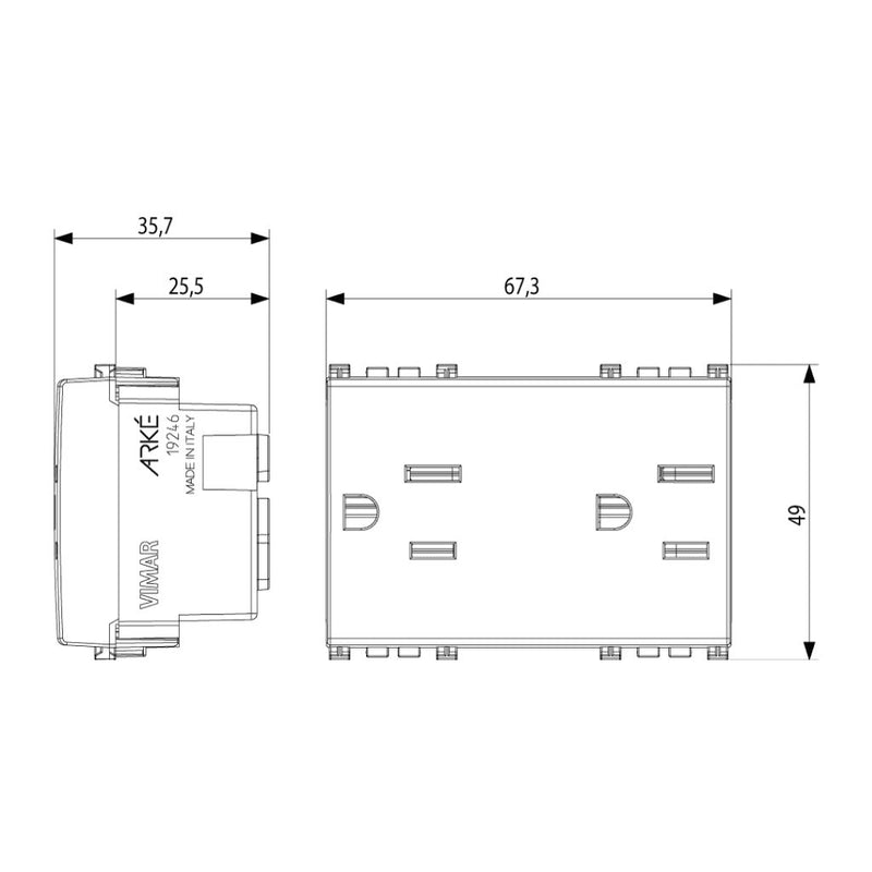 Contacto Dúplex 2P+T 15A 127V acabado Negro Mate - Blanco Mate - Metal Mate para Arké de Vimar