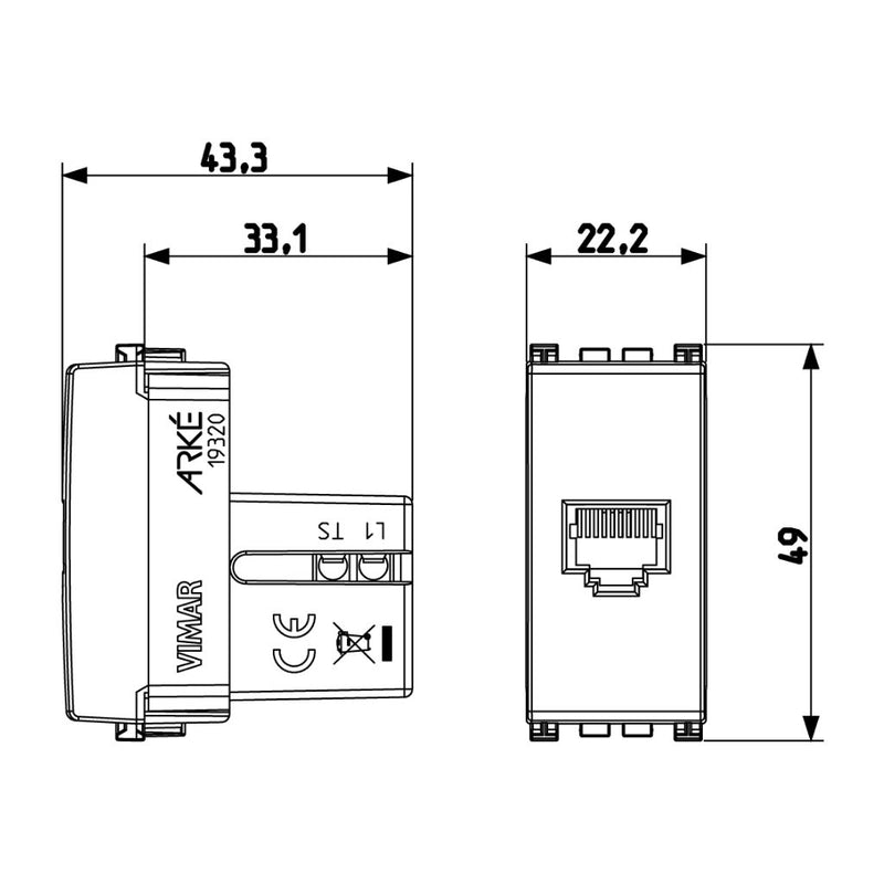 Toma telefónica RJ11 6/4 acabado Negro Mate - Blanco Mate - Metal Mate para Arké de Vimar