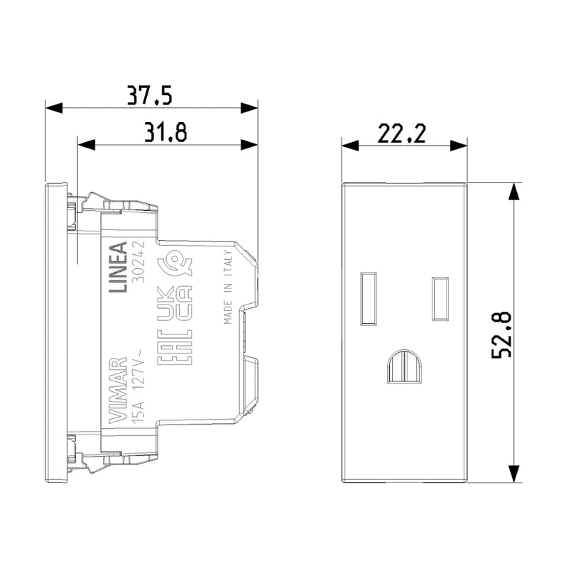 Contacto 1 módulo Toma 2P+T 15A 127V acabado Blanco - Cáñamo - Negro para LINEA de Vimar