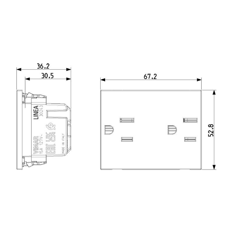 Contacto Dúplex 2P+T 15A 127V acabado Blanco - Cáñamo - Negro para LINEA de Vimar