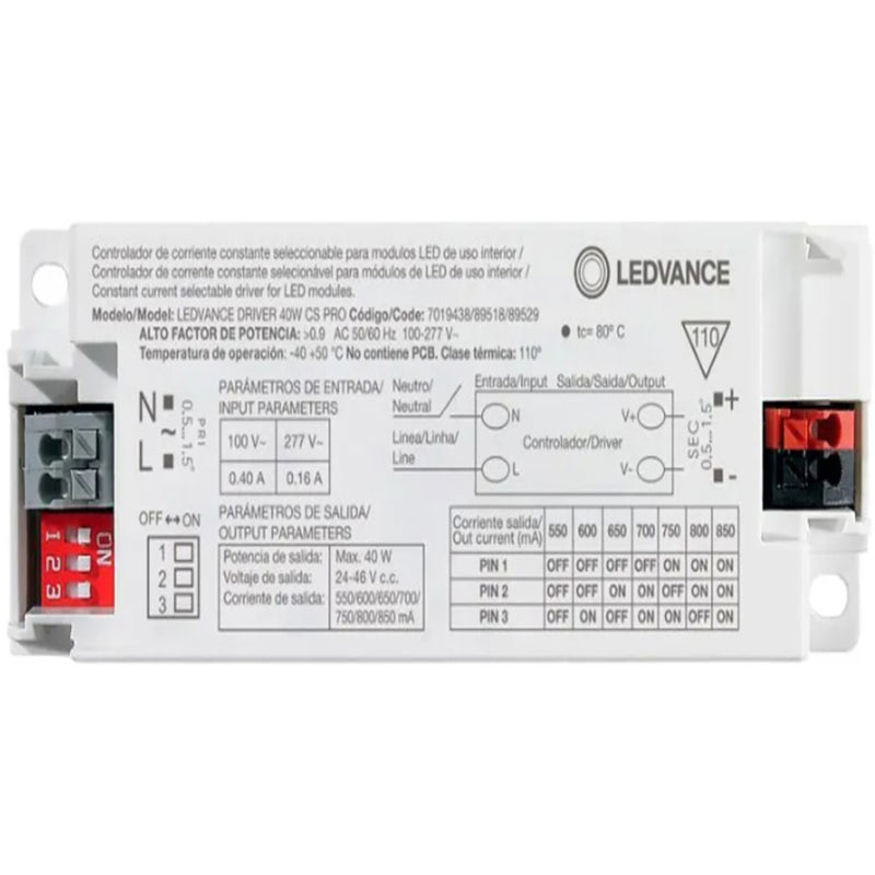 Driver CS PRO 40W Corriente Seleccionable Dip Switch (550/600/650/700/750/800/850mA), 25 - 46 VDC 100-277V marca Ledvance