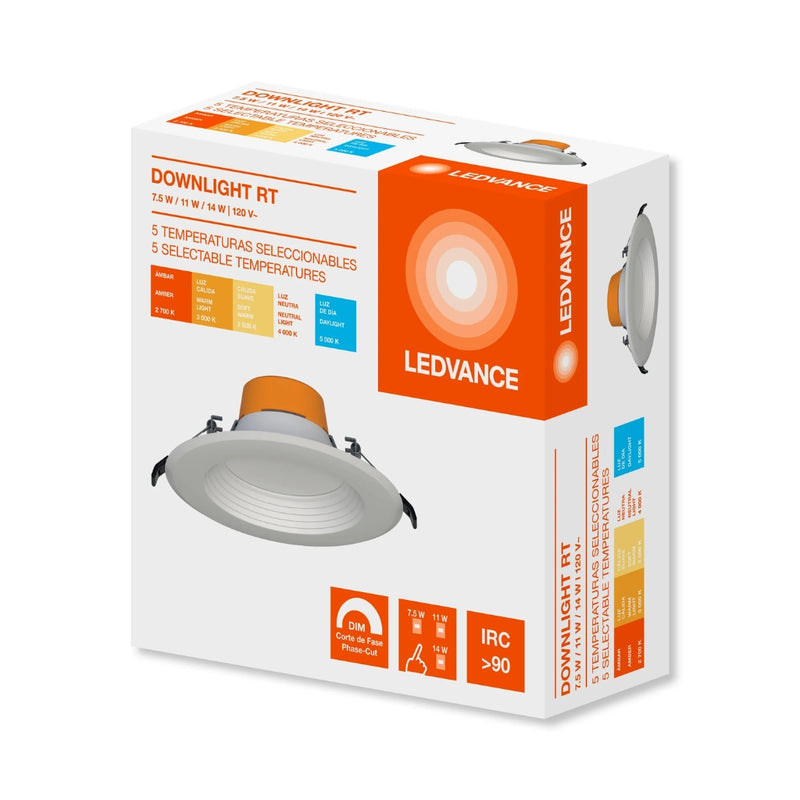 DOWNLIGHT RT flujo seleccionable (7.5W-750lm, 11W-1,050lm, 14W-1,300lm), CCT ajustable (2700K, 3000K, 3500K, 4000K, 5000K) atenuable Fase 120V (Ø19.7cm) Ledvance
