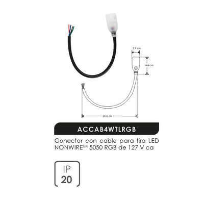 Cable con conector 127V ca en un extremo y 4 cables en otro para tira RGB 5050 de iLumileds