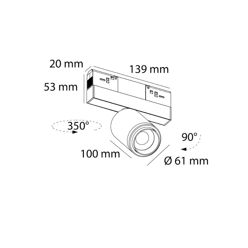 Luminario spot zoom de riel MAGNETO ATENUABLE dirigible y orientable, 12W, 48Vcd, 3000K, ángulo 15-60°, 0-10V, acabado negro de AURO Lighting