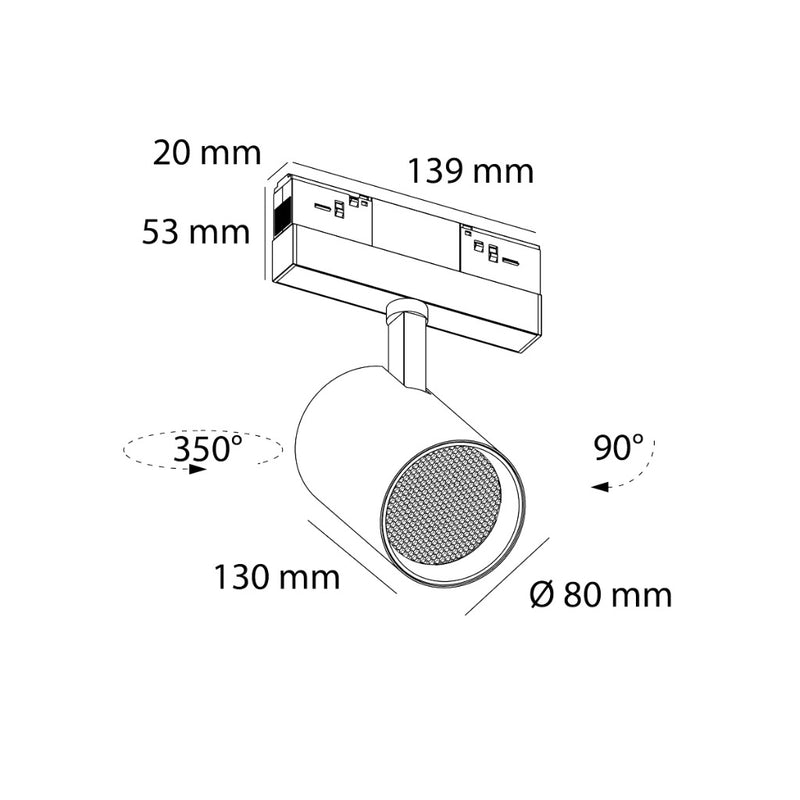 Luminario spot de riel MAGNETO ATENUABLE dirigible y orientable, 25W, 48Vcd, 3000K, ángulo 35°, 0-10V, acabado negro de AURO Lighting