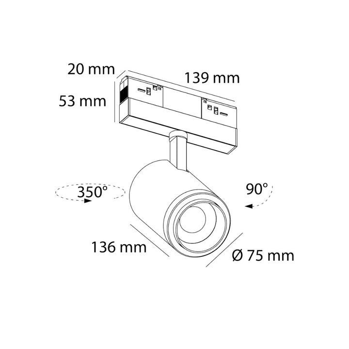 Luminario spot zoom de riel MAGNETO ATENUABLE 18W dirigible y orientable, 48Vcd, 3000K, ángulo 15-60°, 0-10V, acabado negro de AURO Lighting
