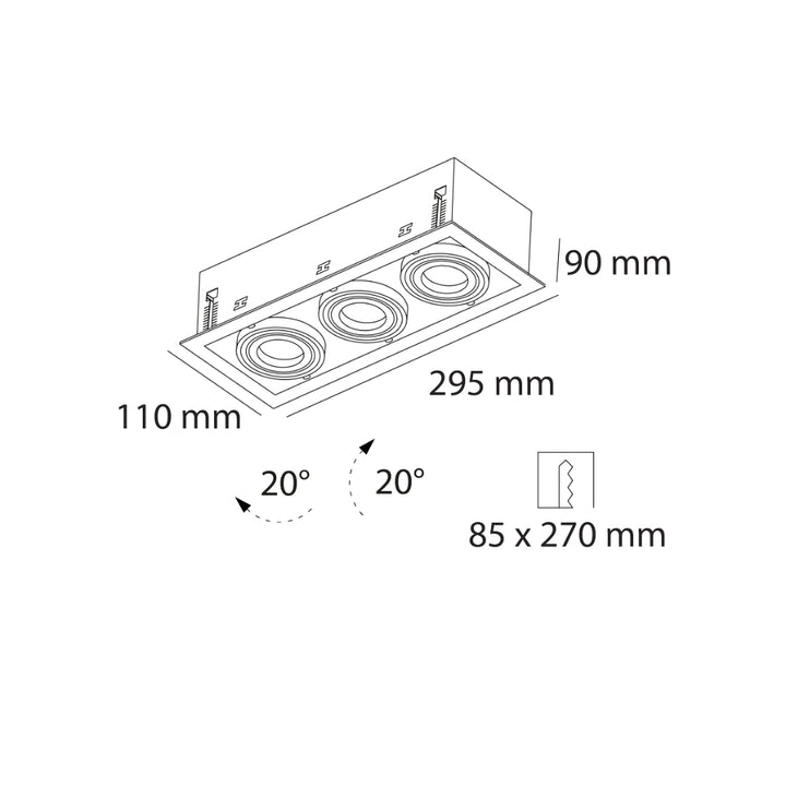 Luminario retrofit rectangular -11x29.5cm-  EYRA orientable, para tres lámparas GU10, acabado blanco de AURO Lighting