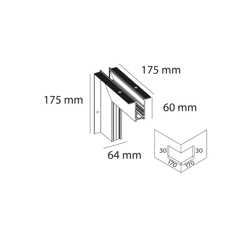 Conector esquinero exterior de riel para empotrar MAGNETO ATENUABLE, acabado negro.