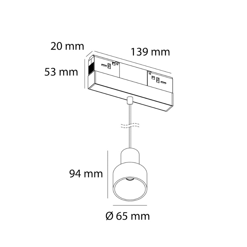 Luminario colgante de riel MAGNETO ATENUABLE, 5W, 48Vcd, 3000K, ángulo 20°, 0-10V, acabado negro y rosa oro de AURO Lighting