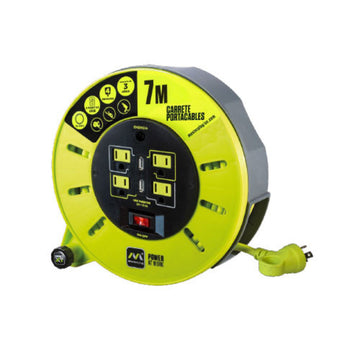 Extensión 7m enrollable tipo Cassete Reel con 4 Multi Contactos + 2 cargadores USB, Switch, Calibre 16 AWG de Luceco