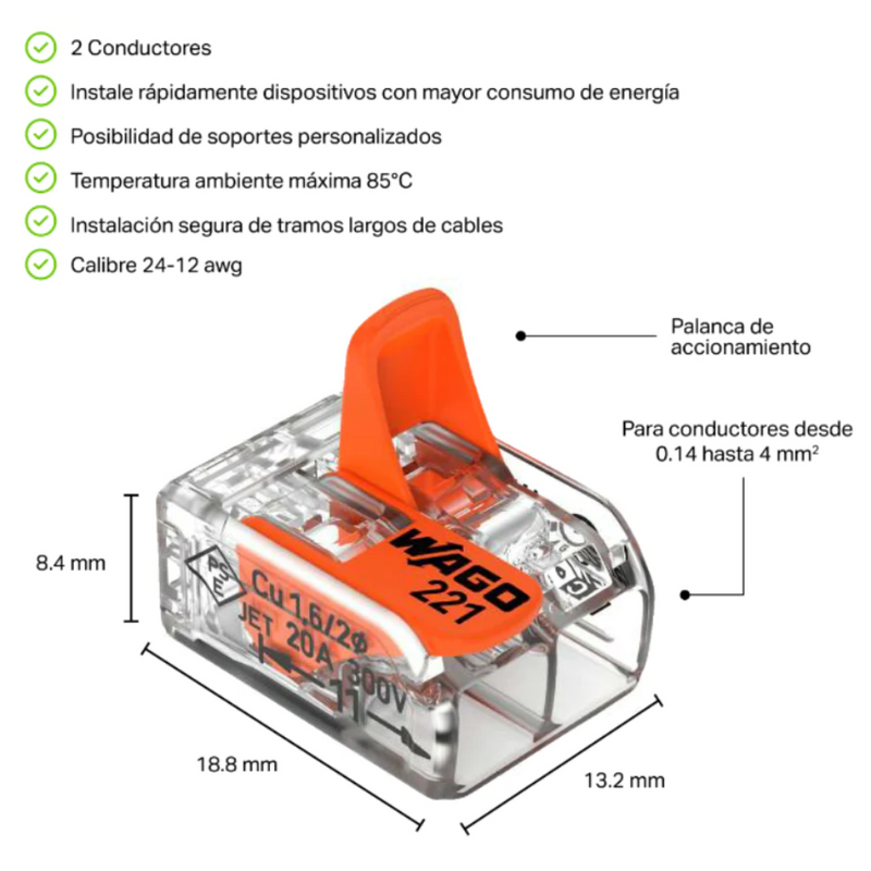 Conector 221-412 para empalme de 2 polos transparente de calibre 24-12 AWG de Wago