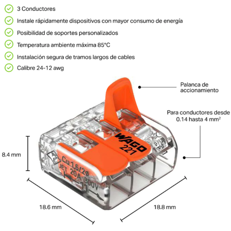 Conector 221-413 para empalme de 3 polos transparente de calibre 24-12 AWG de Wago