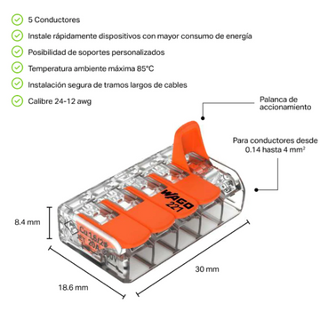 Conector 221-415 para empalme de 5 polos transparente de calibre 24-12 AWG de Wago