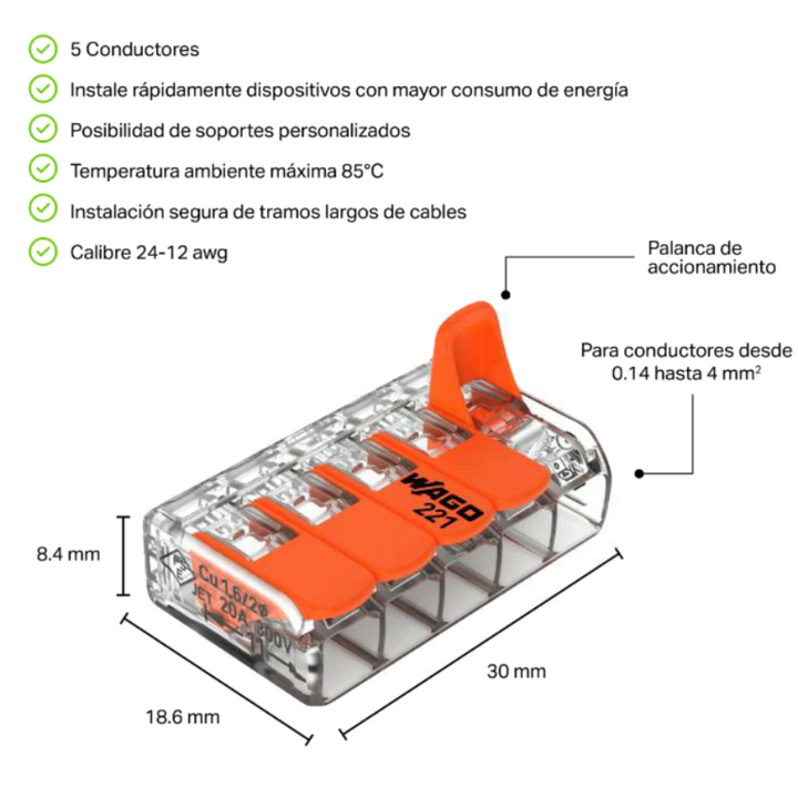 Conector 221-415 para empalme de 5 polos transparente de calibre 24-12 AWG de Wago