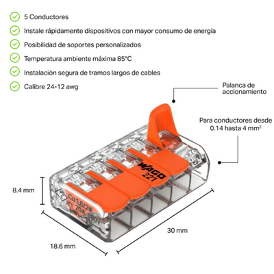 Conector 221-415 para empalme de 3 polos transparente de calibre 24-12 AWG de Wago