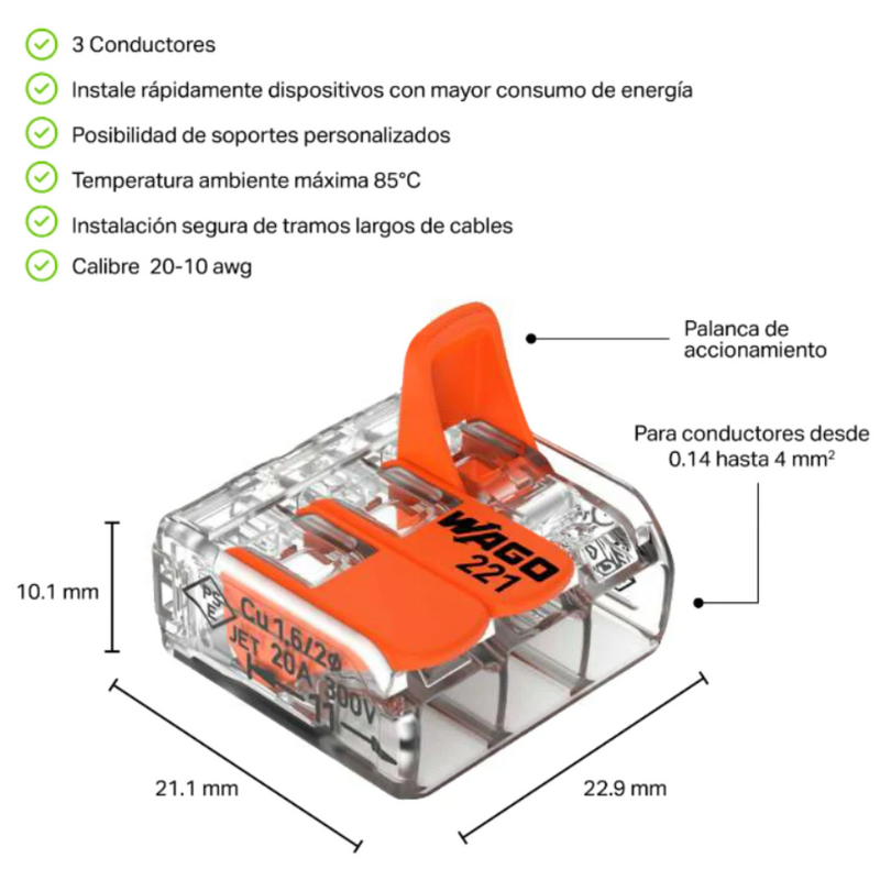 Conector 221-613 para empalme de 3 polos transparente de calibre 20-10 AWG de Wago