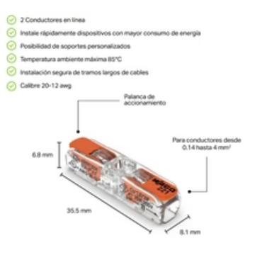 Conector lineal 221-2401 INLINE de empalme para cable 20-12 AWG de Wago