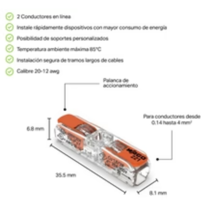 Conector lineal 221-2401 INLINE de empalme para cable 20-12 AWG de Wago