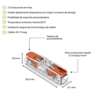 Conector lineal 221 INLINE de empalme para cable 20-12 AWG de Wago