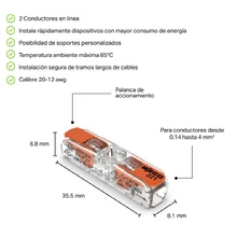 Conector lineal 221 INLINE de empalme para cable 20-12 AWG de Wago