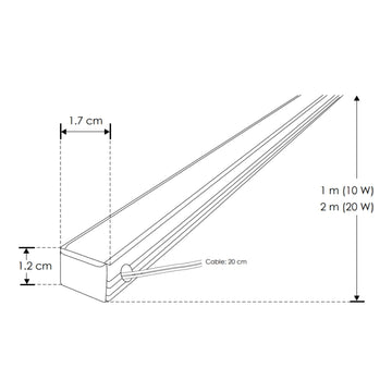 Perfil de aluminio integrado 20W DXAP01200. -Largo 2m A:1.7cm Al:1.2cm-, opción solor de luz cálido (2700K) y neutro (4100K) con alimentación lateral, 127V de iLumileds