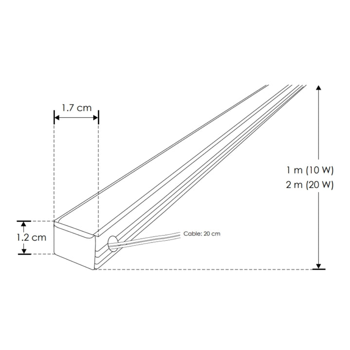 Perfil de aluminio integrado 20W DXAP01200. -Largo 2m A:1.7cm Al:1.2cm-, opción solor de luz cálido (2700K) y neutro (4100K) con alimentación lateral, 127V de iLumileds