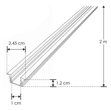 Kit perfil aluminio con ceja DXAP02NKIT -L:2m A:1.7/2.45cm Al:1.2cm- para tira LED, incluye difusor acrílico, 2 tapas laterales y 2 grapas de sujeción