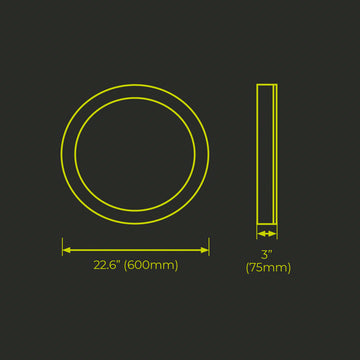 Aro de luz para suspender(Ø60cm) Contour Circular Configurable, potencia y color de luz selectable (30/40/50W) (cálido 3000K / cálido 3500K / neutro 4000K / neutro frío 5000K), acabado aluminio negro, 0-10V, 120-277V de Luceco - Dimensiones