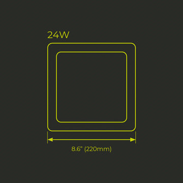 Panel Esscence Square 24W (22x22m) para empotrar o sobreponer (incluye marco), color de luz selectable (cálido -3000K / neutro - 4000K / frío -5000K), acabado blanco, 120-277V de Luceco - Dimensiones