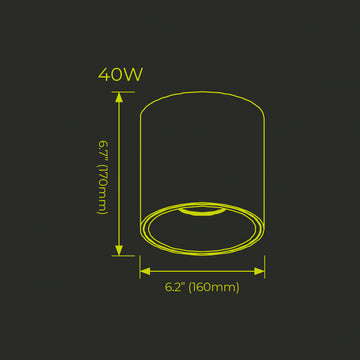 Circular Surface Downlight 40W 40°, luz neutra (4000K) 120-277V, acabado negro de Luceco - Dimensiones
