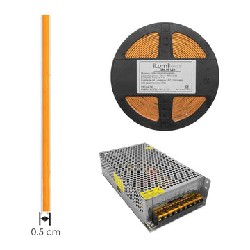 Kit 1pz Fuente de alimentación conmutada 200W (160W máx.), entrada 110-220V ca salida 24V cc, para interiores de iLumileds + 1pz Tira LED COB solo 0.5cm de ancho 11W/m 24V CRI:90 con 480 chips/m rollo 5m cálido (3000K), con auto adhesivo de iLumileds