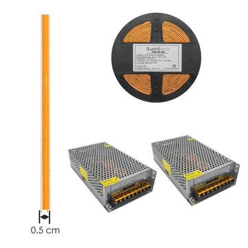 Kit 2pz Fuente de alimentación conmutada 60W (48W máx.) entrada 110-220V ca salida 24V cc, para interiores de iLumileds + 1pz Tira LED COB solo 0.5cm de ancho 11W/m 24V CRI:90 con 480 chips/m rollo 5m cálido (3000K), con auto adhesivo de iLumileds