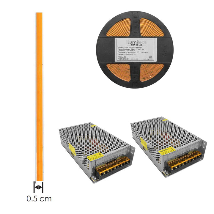 Kit 1pz Fuente de alimentación conmutada 200W (160W máx.), entrada 110-220V ca salida 24V cc, para interiores de iLumileds + 2pz Tira LED COB solo 0.5cm de ancho 11W/m 24V CRI:90 con 480 chips/m rollo 5m cálido 3000K, con auto adhesivo de iLumileds
