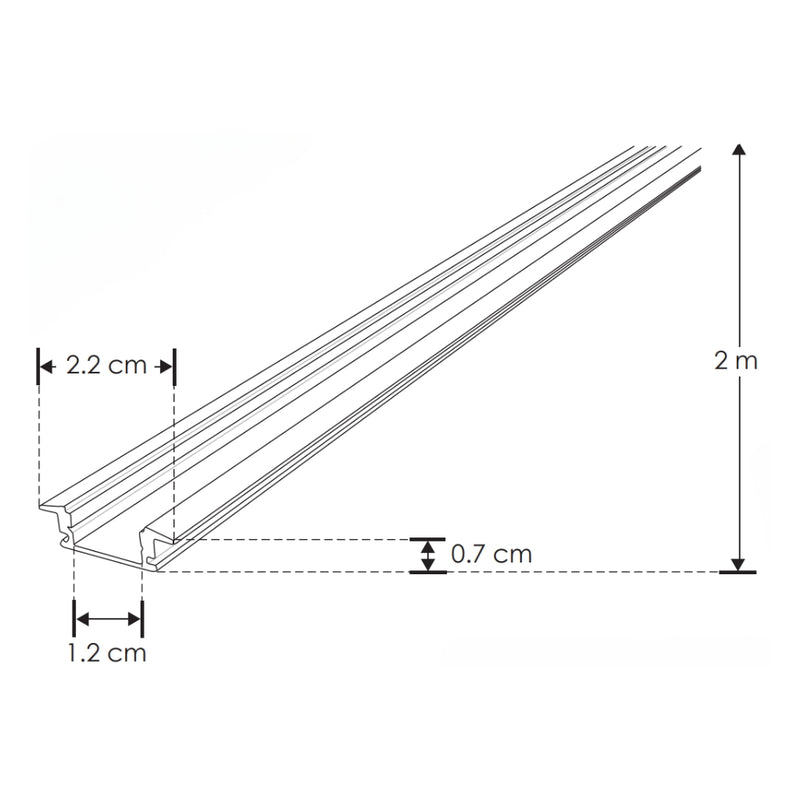 Kit perfil de aluminio con ceja DXAP06KIT. -L:2m A:1.75/2.4cm Al:0.7cm- incluye difusor, 2 tapas laterales y 2 grapas de sujeción de iLumileds