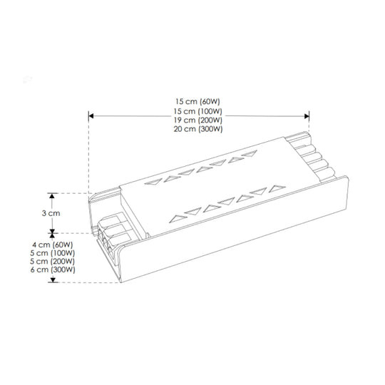 Fuente de alimentación 300W (270W máx.) 24Vcc con selector de brillo iLumileds, esquema con medidas