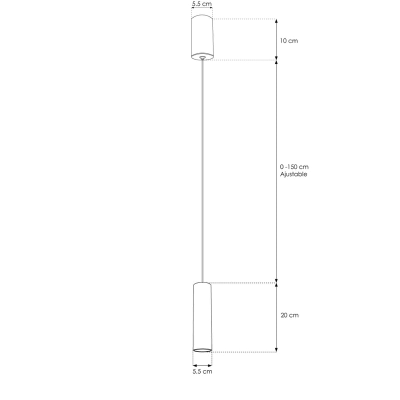 Luminario cilíndrico acabado negro 20cm 5W 24° luz cálida (3000K), suspensión ajustable 0-150cm de línea Europea iLumileds