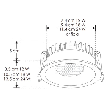 Downlight 12W 60° con louver CRI90 (Ø 8.5cm), cambio de color de luz con switch (cáido 3000K - neutro 4000K - frío 6000K) 85-277V de iLumileds