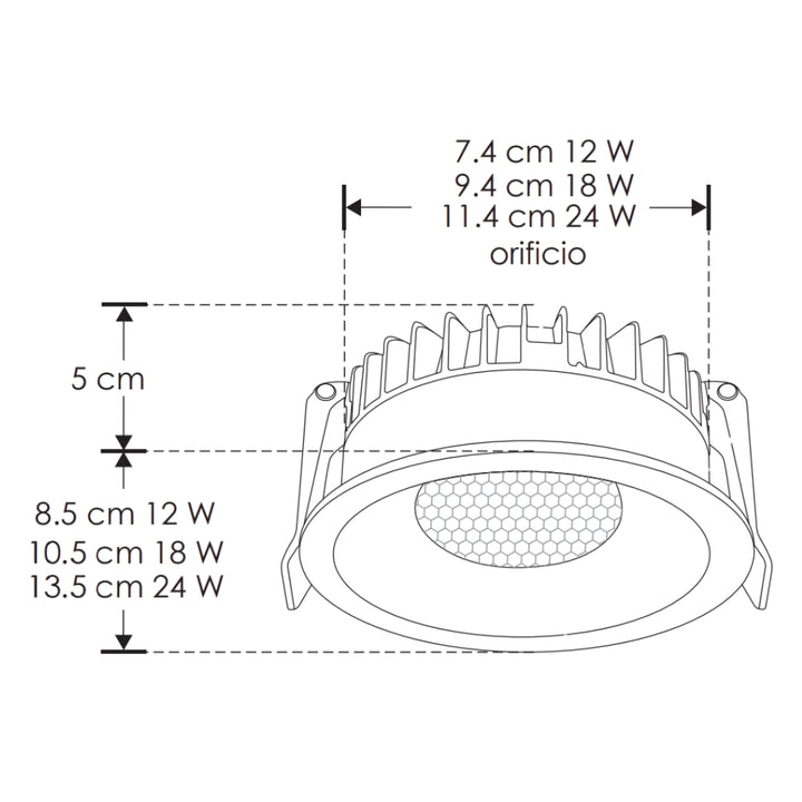 Downlight 12W 60° con louver CRI90 (Ø 8.5cm), cambio de color de luz con switch (cáido 3000K - neutro 4000K - frío 6000K) 85-277V de iLumileds