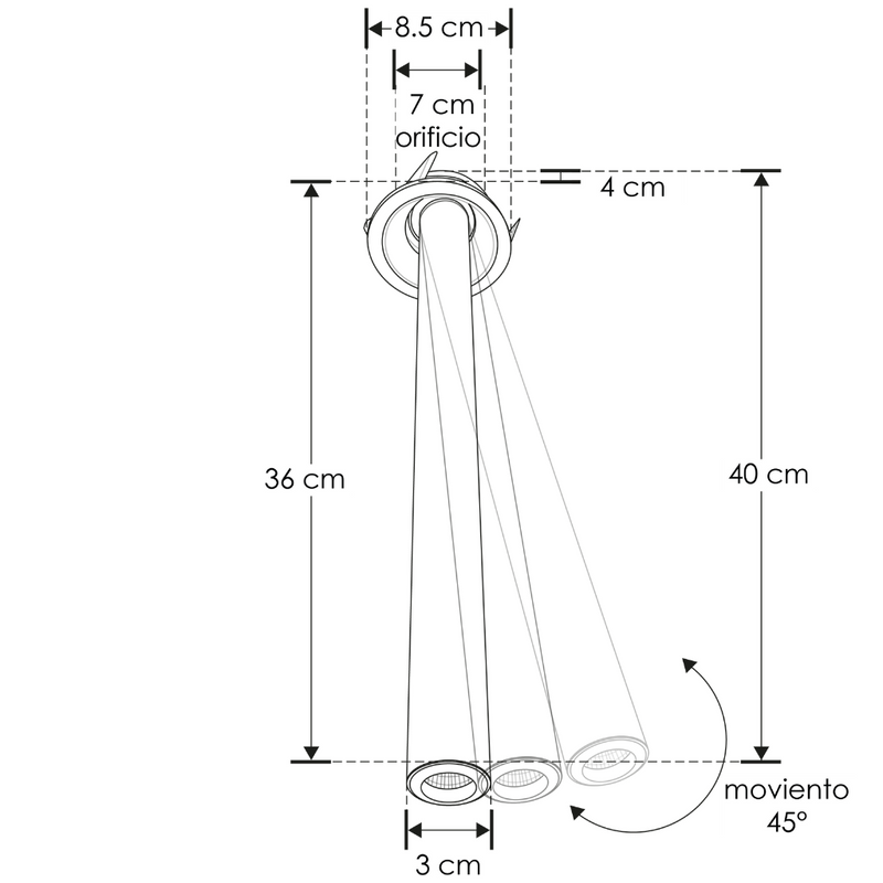 Luminario empotrar tipo flauta 36cm dirigible 7W luz cálida 24° de iLumileds