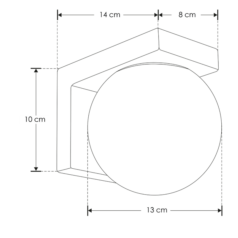 Luminario esférico de policarbonato opalino 7W luz cálida, base negra en L para muro de iLumileds