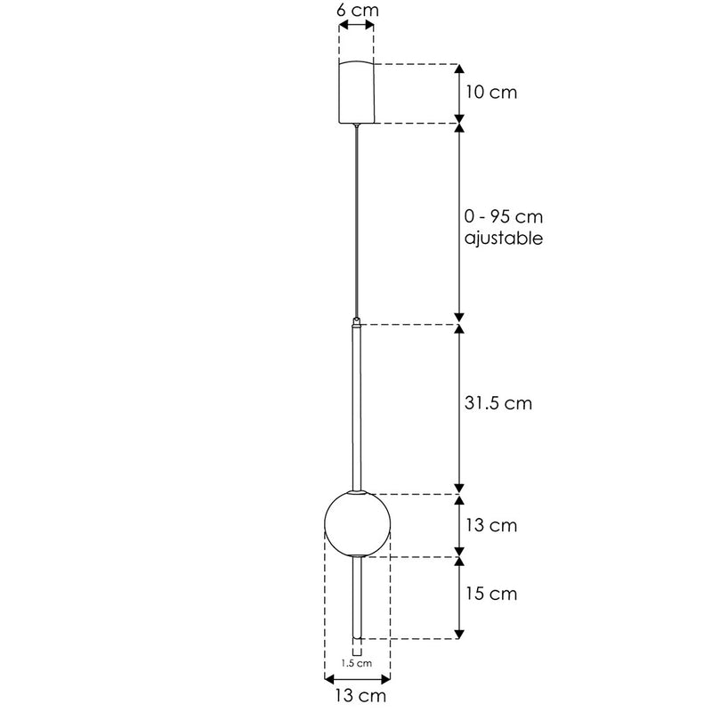 Luminario suspender con esfera de luz 8W luz cálida (3000K), suspensión ajustable 0 - 95cm