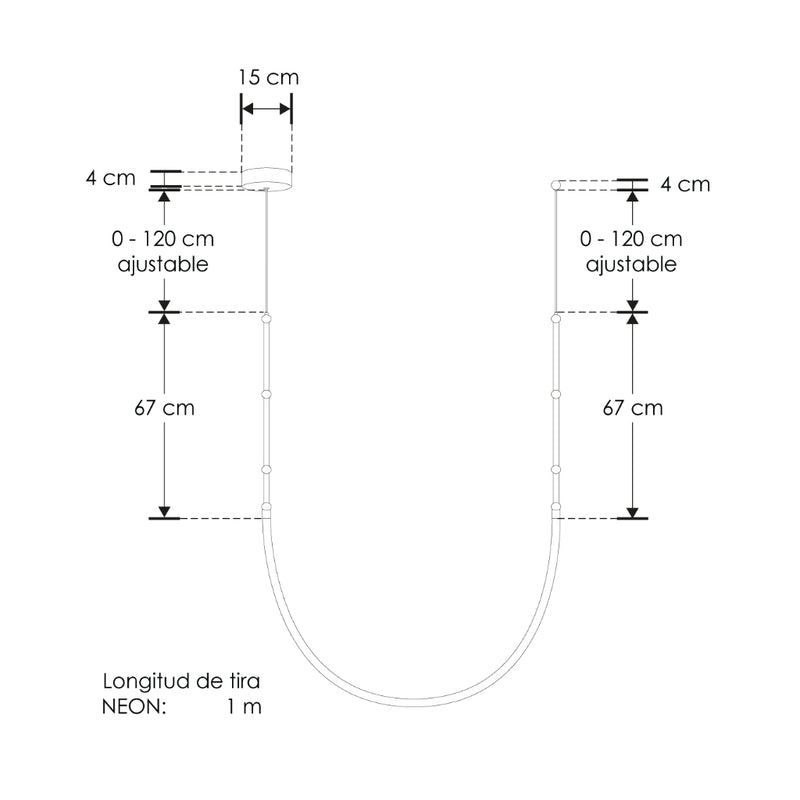 Luminario neón (1m) de techo a muro + bases laterales en negro 12W luz cálida (3000K), suspensión ajustable 0 - 120cm de línea Europea iLumileds