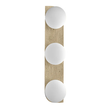 Luminario arbotante Venetia con tres esferas de cristal difuso con base G9 (no incluido), acabado travertino beige con detalles latonados de iLumileds