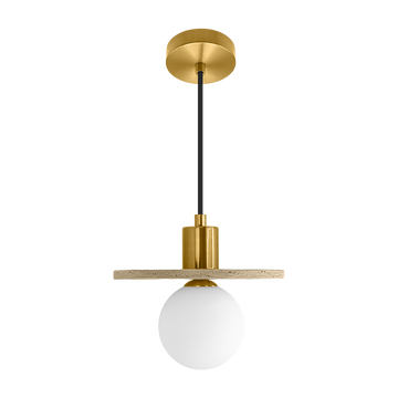 Luminario Marblea con esfera de cristal difuso con base G9 (no incluido), acabado travertino beige con detalles latonados, suspensión ajustable de 0-160cm de iLumileds