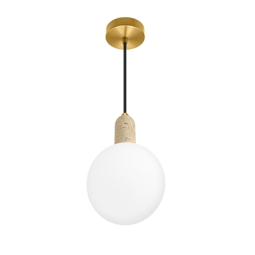 Luminario Loggia con esfera de cristal difuso con base G9 (no incluido), acabado travertino beige con detalles latonados, suspensión ajustable de 0-160cm de iLumileds