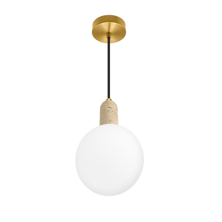 Luminario Loggia con esfera de cristal difuso con base G9 (no incluido), acabado travertino beige con detalles latonados, suspensión ajustable de 0-160cm de iLumileds