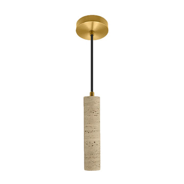 Luminario Paros cilíndrico 3W 45° luz cálida (3000K), acabado travertino beige con detalles latonados, suspensión ajustable de 0-160cm de iLumileds