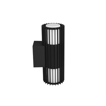 Luminario arbotante Míes 2, con dos bases G9, fabricado en aluminio acabado negro, aptos para zonas húmedas de línea Europea iLumileds