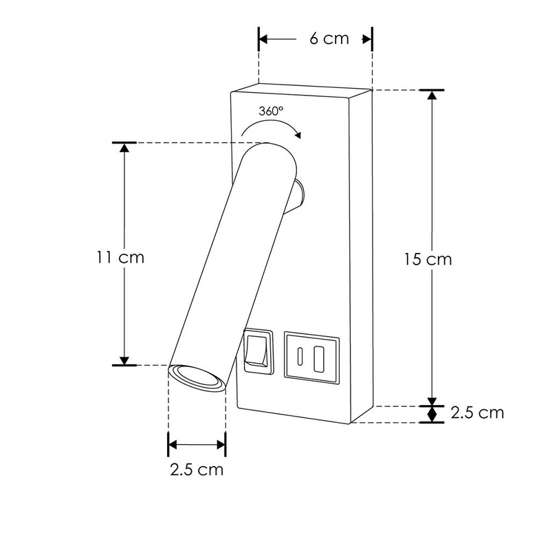 Luminario sobreponer dirigible para lectura con apagador local 2W 38° + 1 puerto de carga USB tipo A + 1 puerto USB tipo C, de 2 A cada uno, 100 - 240V de iLumileds